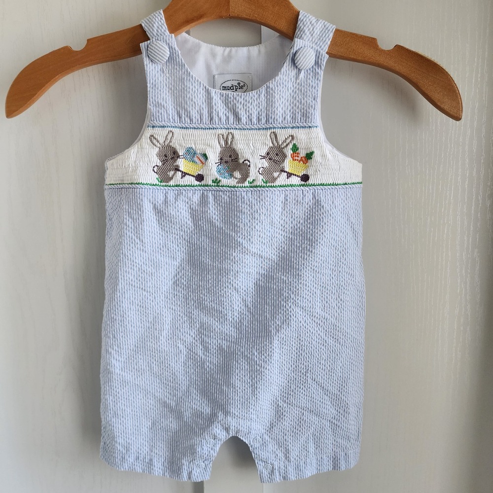 Mud Pie Baby Boys Blue White Seersucker Smocked Bunny Easter Romper 9-12M